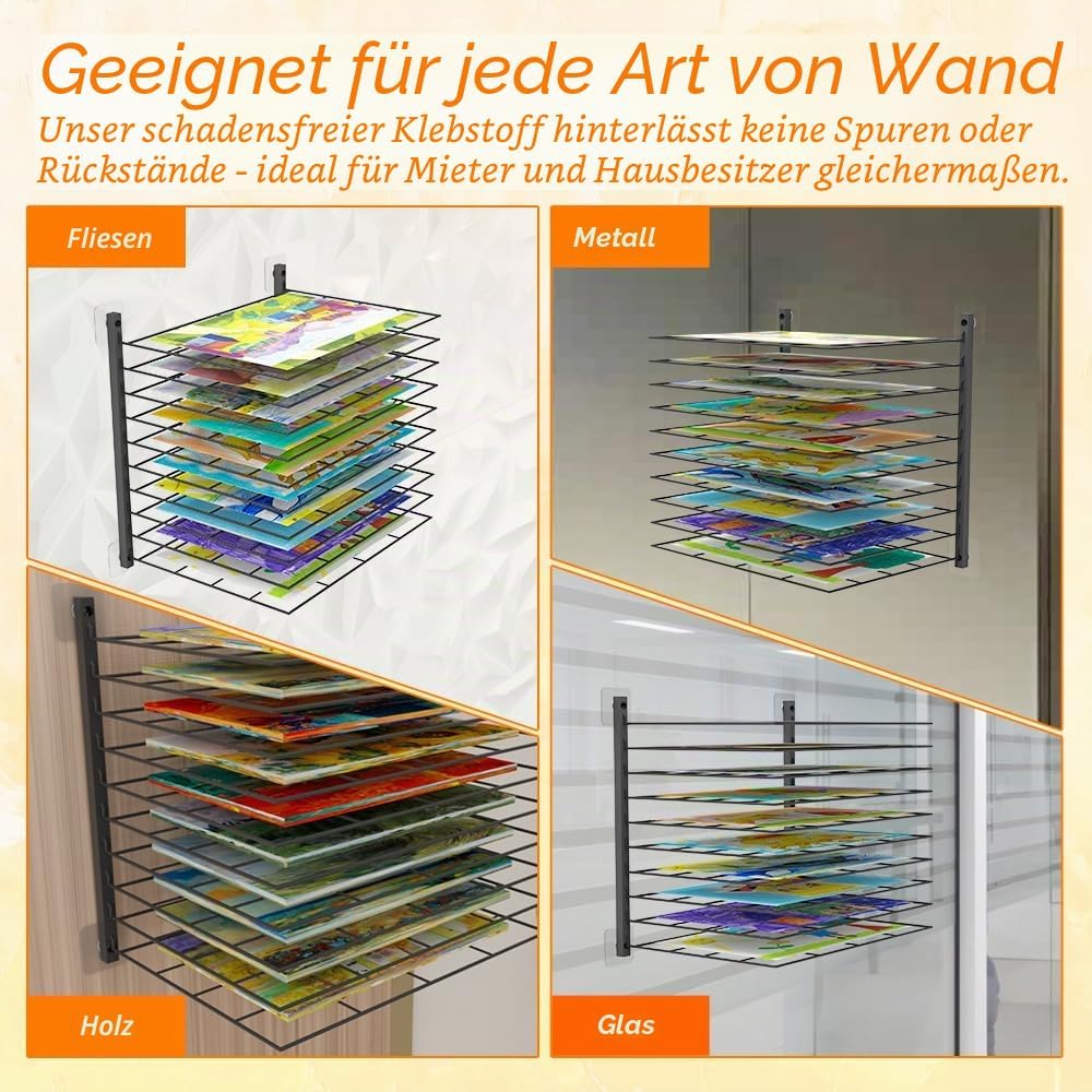 Kunst-Trockenständer, 10 verstellbare Ablagen, passend für alle Wände, Kunsttrockengestell für Klass