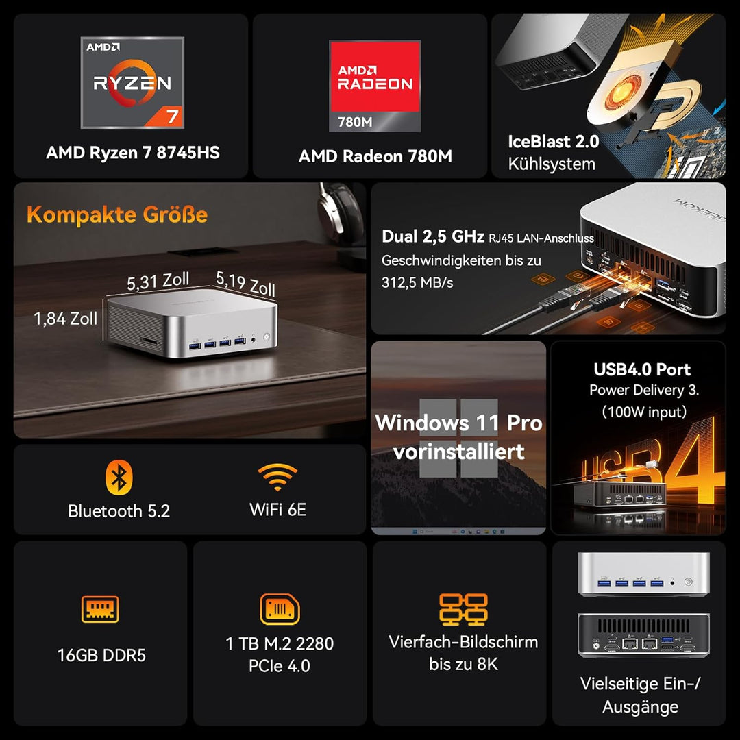 GEEKOM Mini PC A8 Max mit AMD Ryzen 7 8745HS, 2,5Gbps Dualer LAN Port, 3 Jahre Garantie, DDR5 RAM +