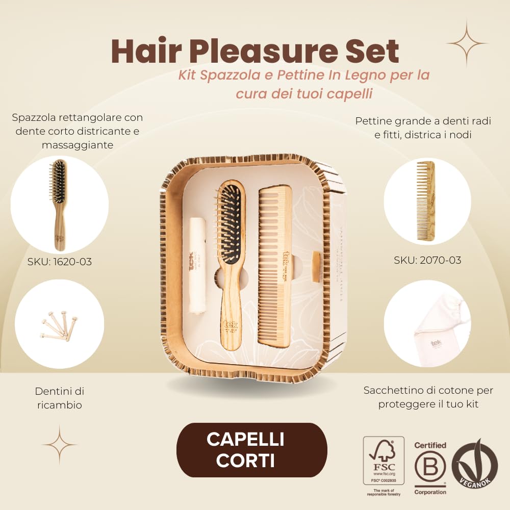 TEK - Hair Pleasure Set, Bürsten- und Kamm-Set aus Holz, inklusive Ersatzzähne, Natürliches und Hand