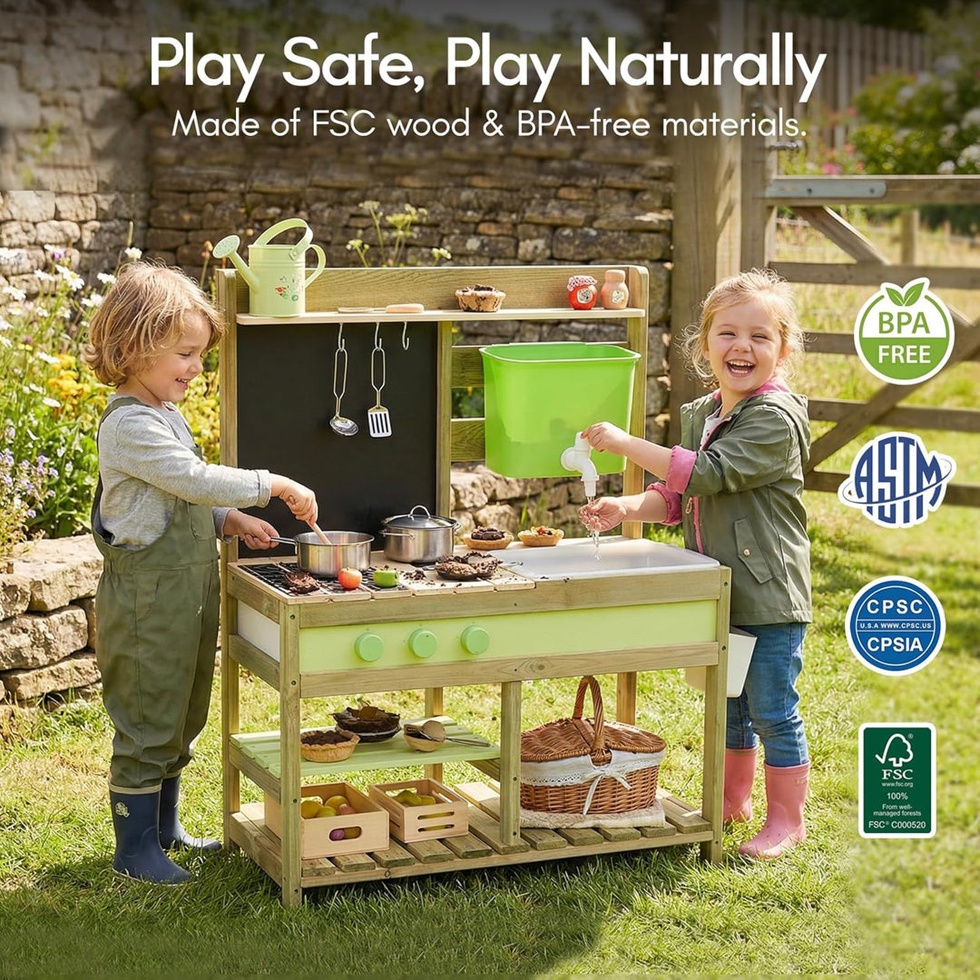 Matschküche Kinder Outdoor Holz Mud Kitchen Spielküche, Aussenküche für Kinder mit 10 Spielzubehör,