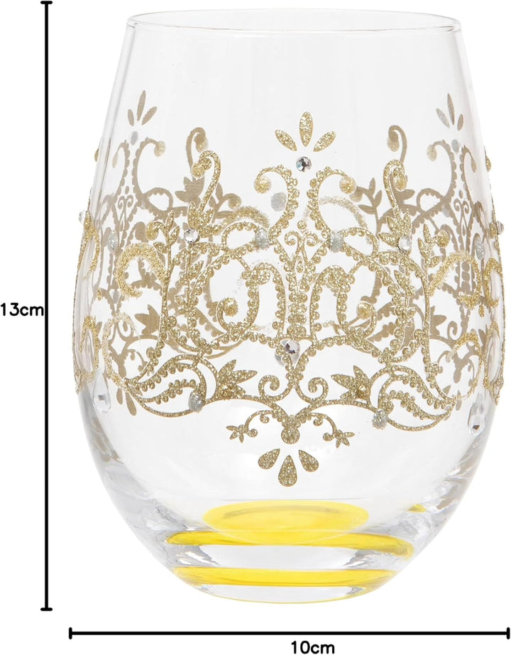 Maturi Weinglas ohne Stiel, handbemalt, goldfarbenes Flockmuster, 530 ml, in Geschenkbox, Glas ohne