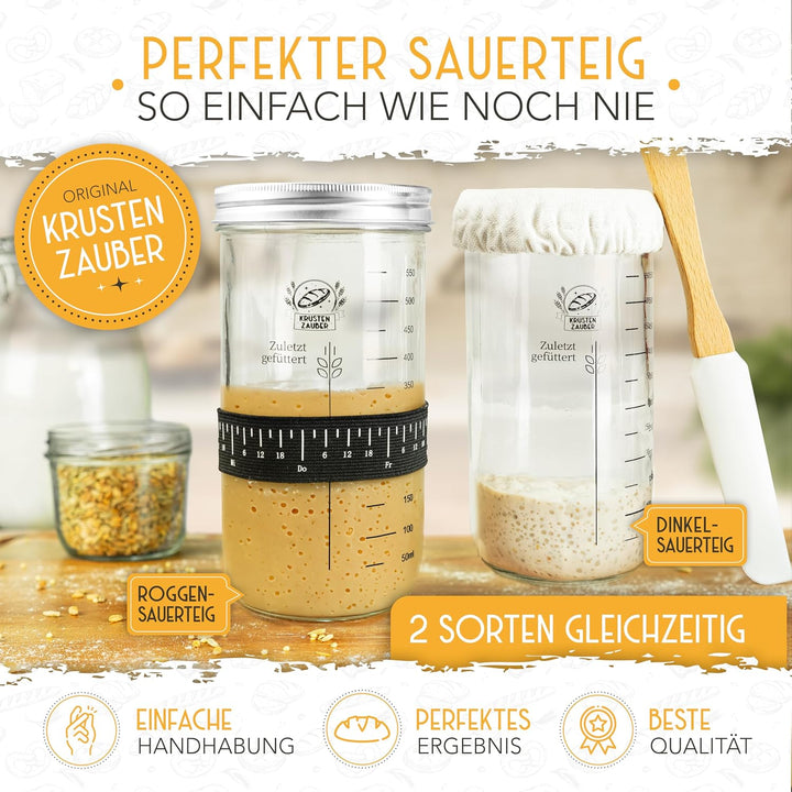 KRUSTENZAUBER Sauerteig Starter Set mit 2x 600 ml Gärgläsern für Sauerteig 2x600ml, Sauerteig Starte