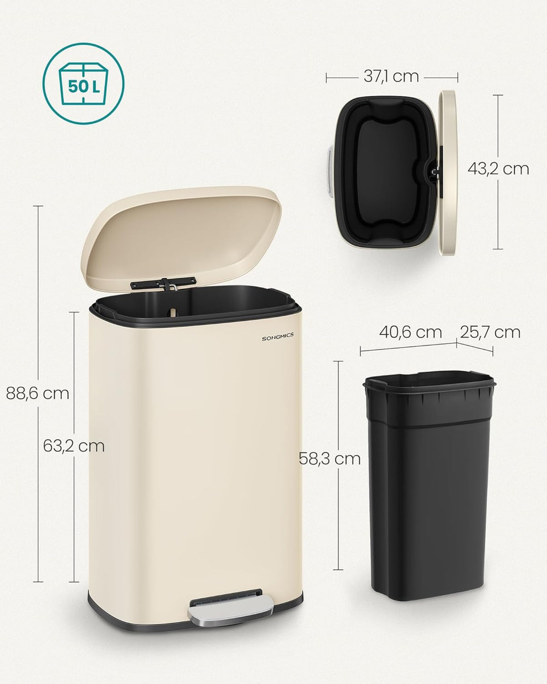 SONGMICS Mülleimer Küche, 50 Liter, Abfalleimer, Treteimer, mit Deckel, Softclose, Fusspedal, Stahl,