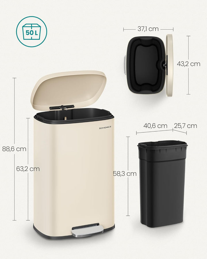 SONGMICS Mülleimer Küche, 50 Liter, Abfalleimer, Treteimer, mit Deckel, Softclose, Fusspedal, Stahl,