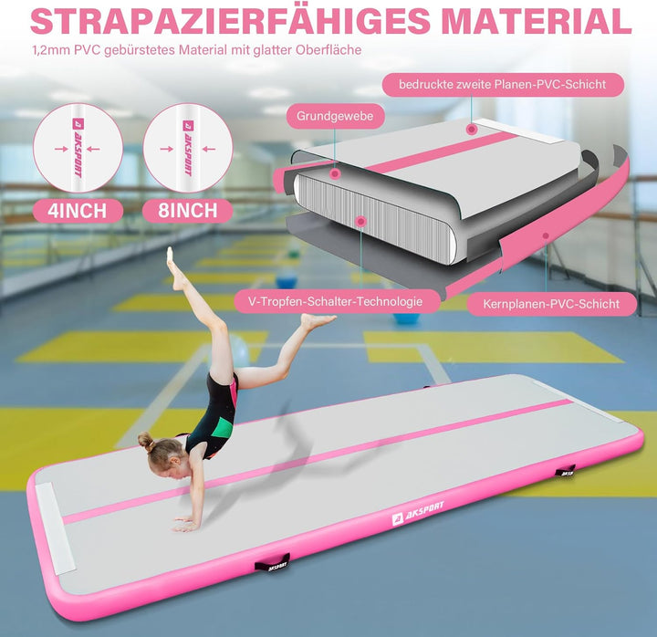 AKSPORT Air Matte Track Tumbling Matte,3/4/5/6m Aufblasbar Gymnastikmatte Turnmatte Tumbling Matten
