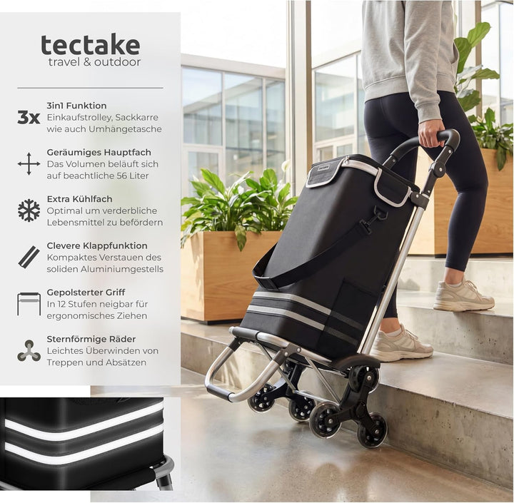 tectake® Einkaufstrolley 3-in-1 klappbar mit Kühlfach, 40L, 30kg belastbar, Aluminium, Einkaufsrolle