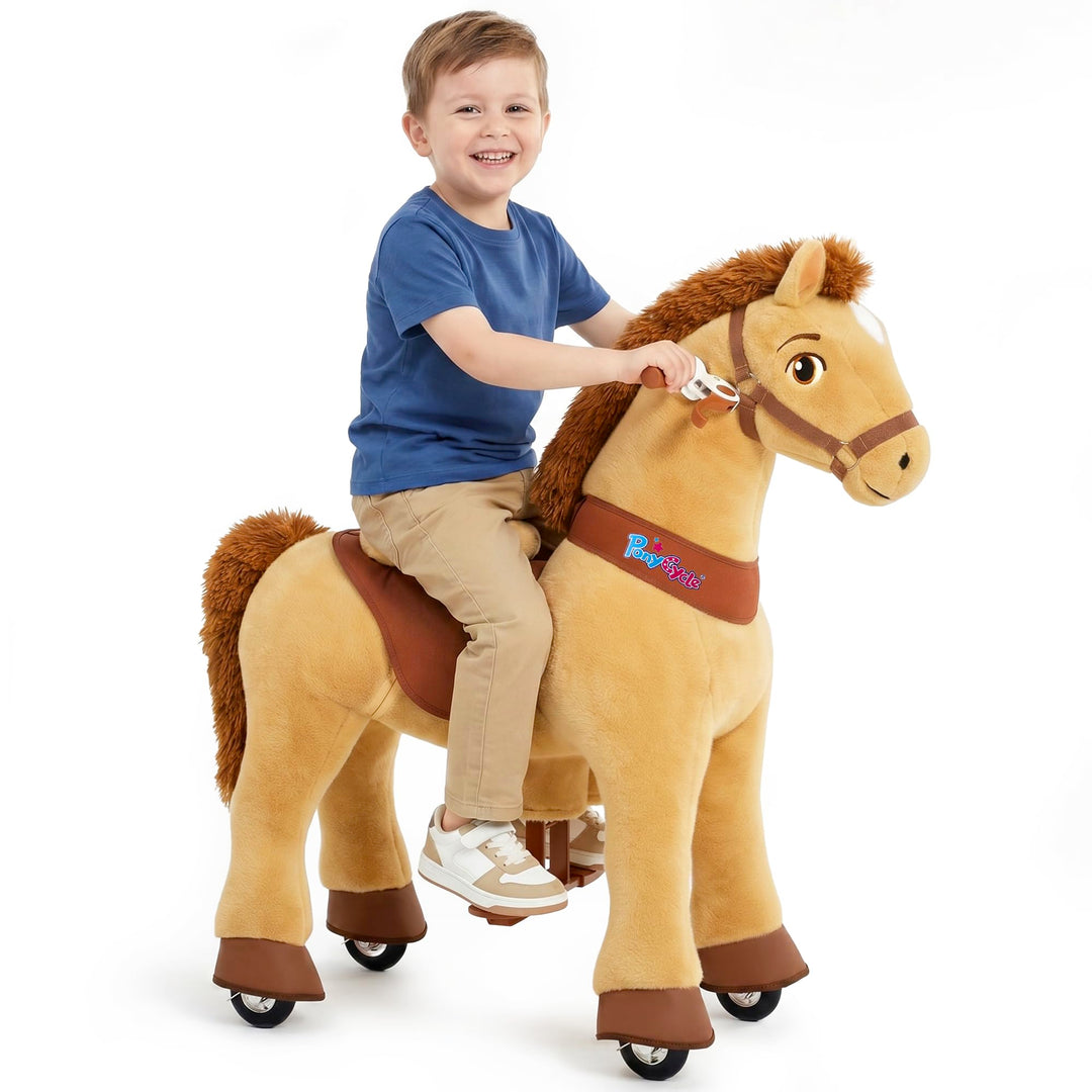 PonyCycle Reitpferd mit Rollen, für Kinder 4–7 Jahre, 90cm Hoch, Plüsch Reitpony mit Handbremse, Sch