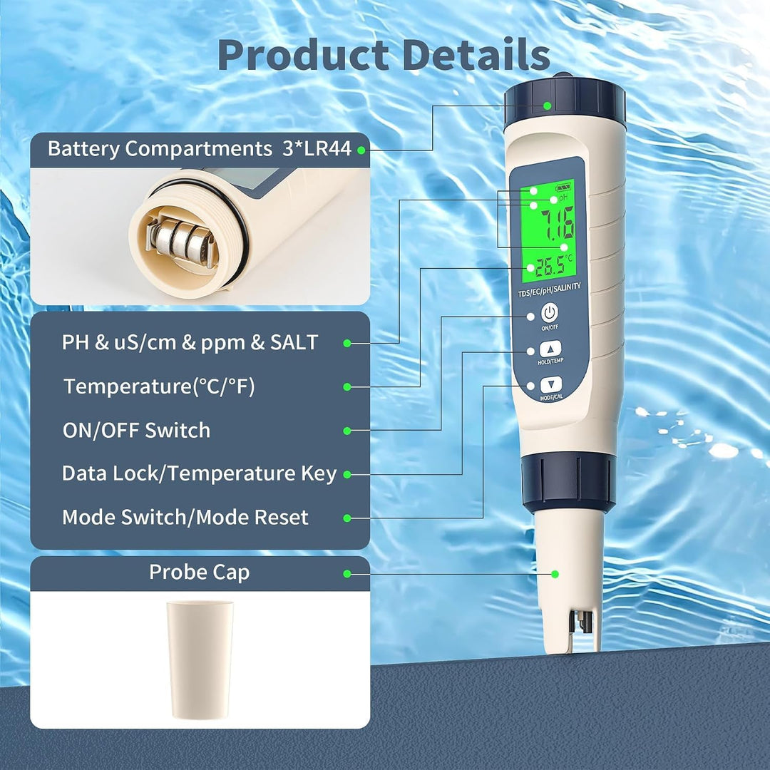 5 in 1 pH Messgerät Wasserqualität Tester – PH EC TDS Salzgehalt Temperatur Messgerät mit ATC, LCD H