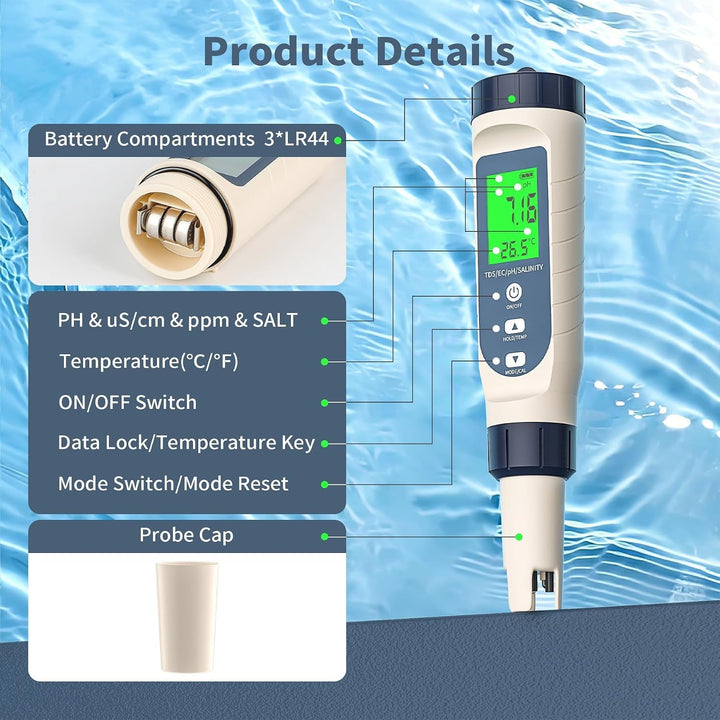 5 in 1 pH Messgerät Wasserqualität Tester – PH EC TDS Salzgehalt Temperatur Messgerät mit ATC, LCD H