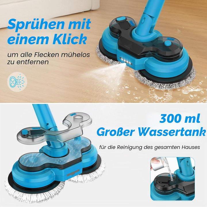 Elektrischer Mopp mit 2x2000 mAh Akkus, Bodenreiniger Spin Mop, Bodenwischer Elektrisch Kabellos, Wi