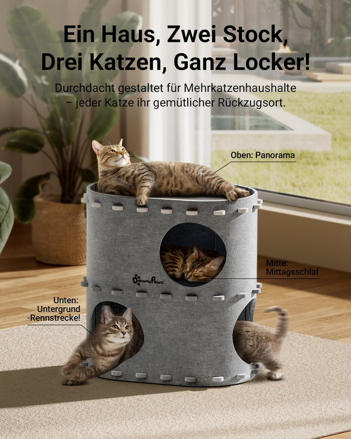 DownyPaws Katzenhöhle aus Filz, 2-stöckige Katzenbett, 50 x 33 x 50 cm Schloss Katzenhaus zum Spiele