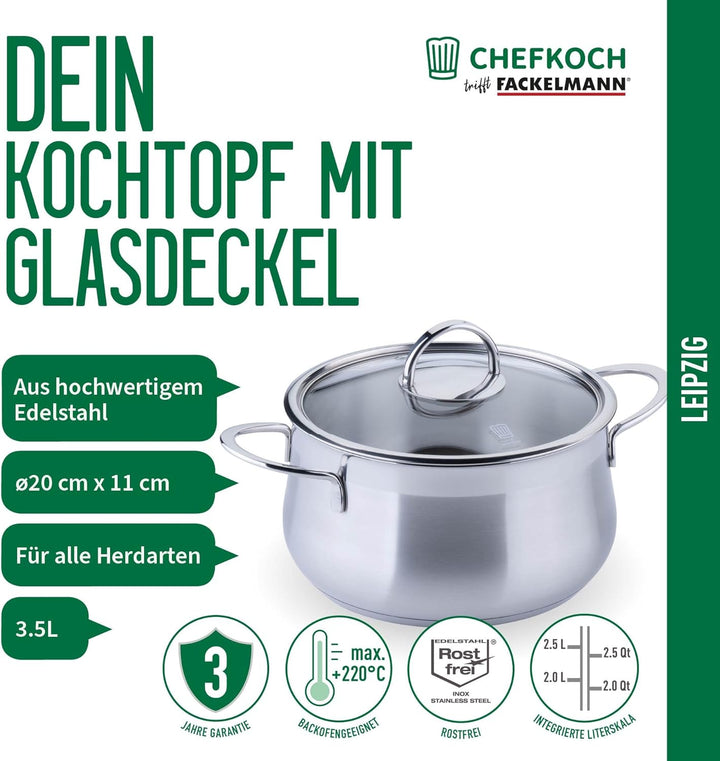 FACKELMANN Chefkoch Kochtopf mit Glasdeckel Leipzig – ø20cm Edelstahl 18/8, Aluminium-Kern, für alle