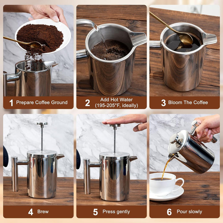 French Press Klein mit Waage, Kaffeebereiter Edelstahl 304, Doppelwandig Isoliert, Lebensmittelecht,