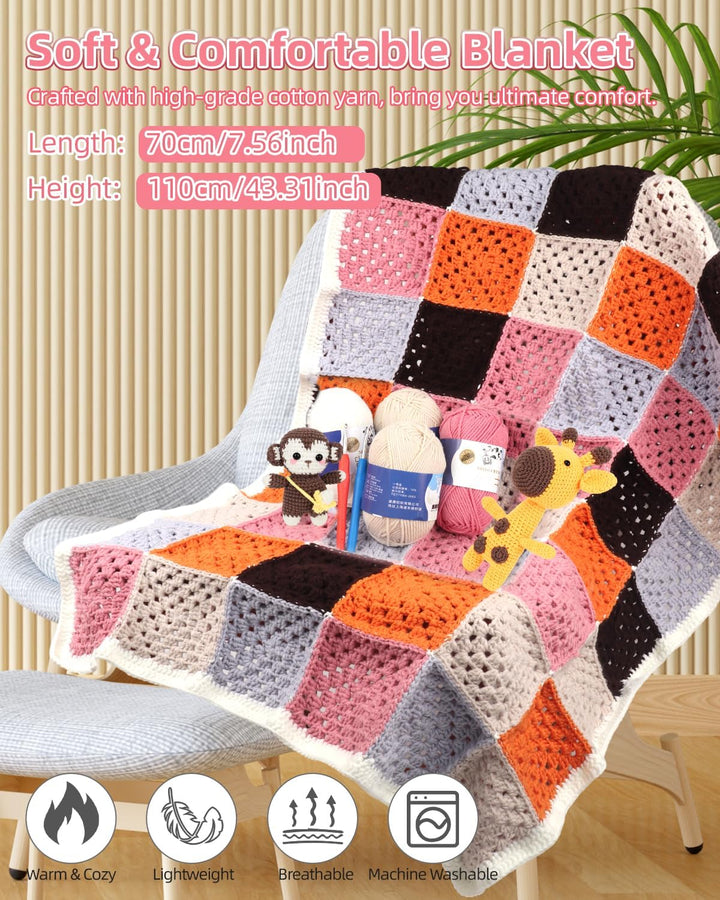 Aeelike Häkelset Anfänger für Granny Square Decke, Starter Häkelset für Erwachsene mit Häkelnadeln 4