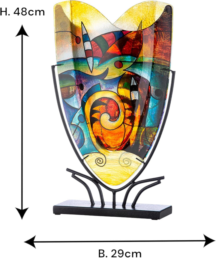 GILDE GLAS art Deko Vase auf schwarzem Metall Ständer - Kunstobjekt handbemalt - Mehrfarbig Höhe 48