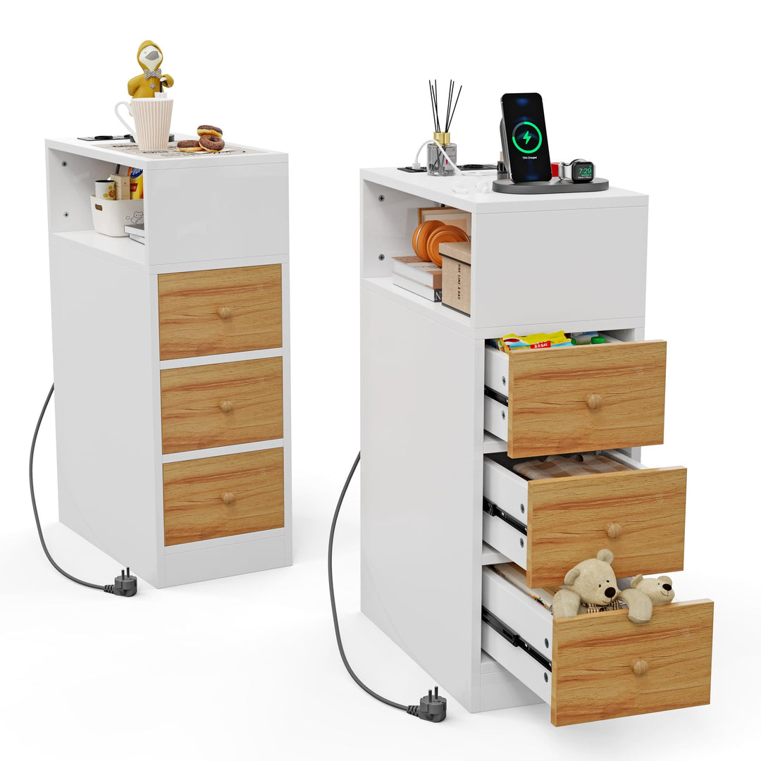 PIPIPOXER Nachttisch schmal, Nachttisch mit Steckdose & USB, Nachtschrank mit 3 Schublade, 1 Offenen