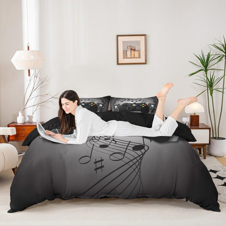 Spieler Bettbezug Schwarz Grau Kopfhörer Musikalisches Spiele Gamepad Trösterbezug für Kinder Jungen