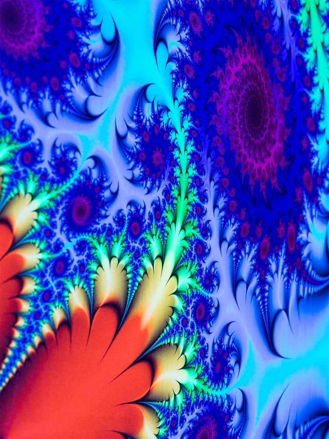 PSYWORK Schwarzlicht Stoffposter Neon | Fractal Wonderland Blue | 1,0 x 1,4m | UV-aktiv | fluoreszie