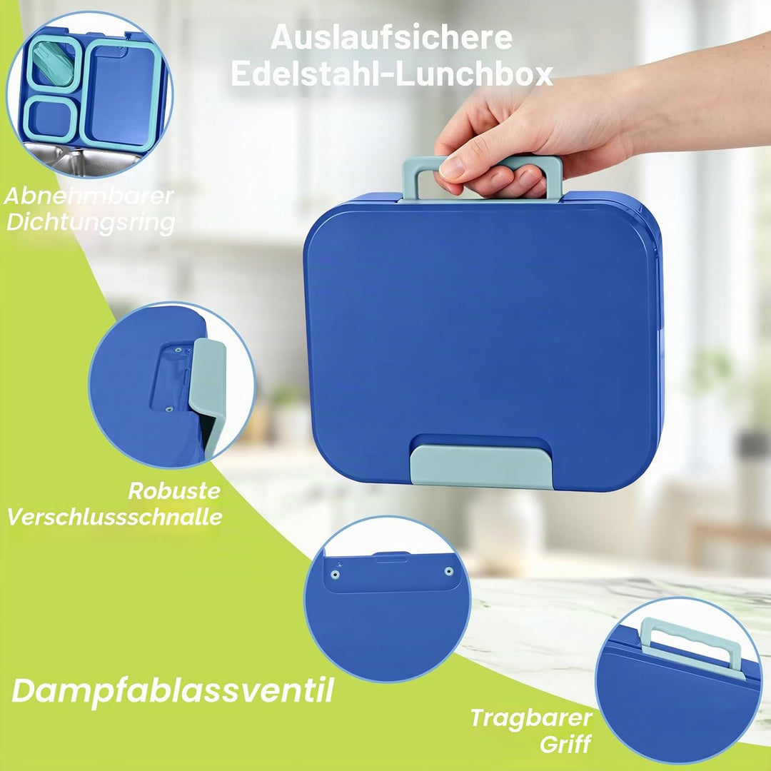 Brotdose mit 3 Fächern, 1100ml Edelstahl-Lunchbox für Kinder und Erwachsene Auslaufsicherer Lebensmi
