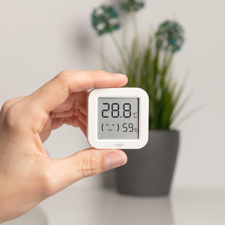 infactory Temperaturmessgerät: 4er-Set Mini-Thermo-/Hygrometer, Komfort-Anzeige, LCD, Bluetooth, App