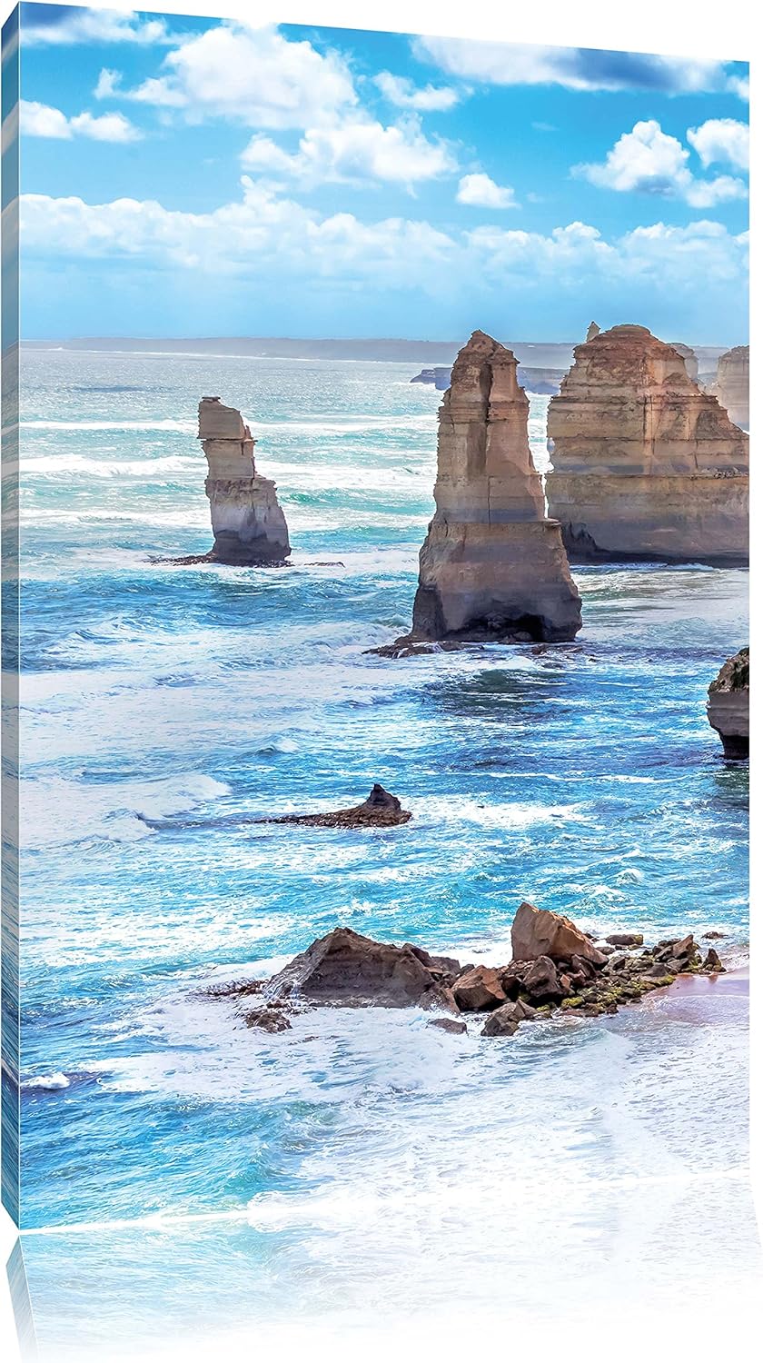 Pixxprint Meer klippe küste Sonnenaufgang Steine Strand, Format: 100x70 auf Leinwand, XXL riesige Bi