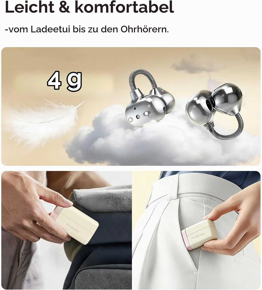 King Lucky Open-Ear Clip-On-Ohrhörer zum Laufen, Bluetooth 6.0 Kabellose Kopfhörer mit Speicherfeder