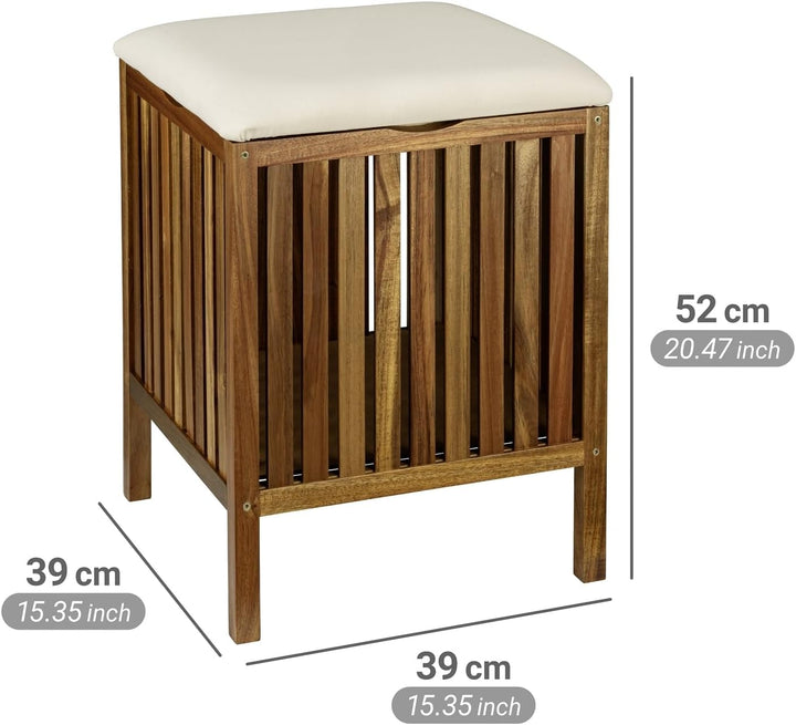 WENKO Bad- & Wohnhocker Mod. Fondi aus massivem Akazienholz mit abnehmbarem Deckel und beigem Sitzpo