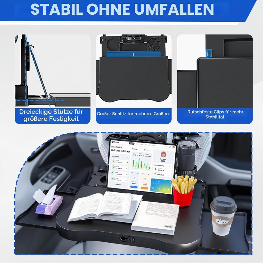Auto Tisch Rücksitz Beifahrer, Klappbarer Auto Esstisch mit Getränkehalter &amp; Handyhalter, Faltbarer