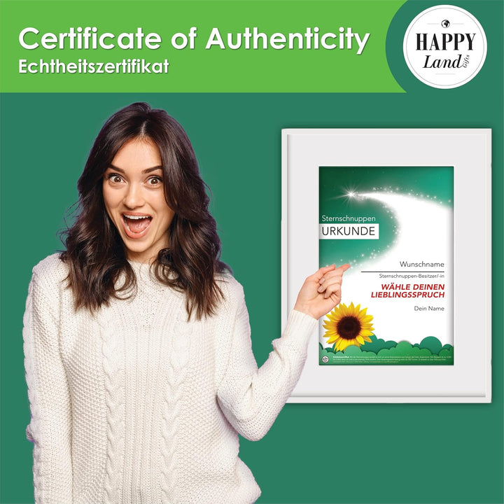 happylandgifts® Premium | Echte Sternschnuppe zum Danke Sagen | Personalisierte Urkunde mit Wunschna