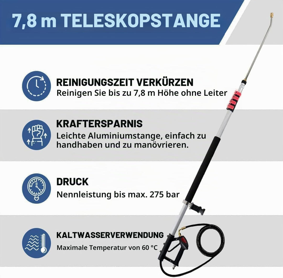 7,78M25,5 ft Teleskop-Verlängerungsstange für Hochdruckreiniger – Bürstenkopf, Dachrinnenstangen, Dü