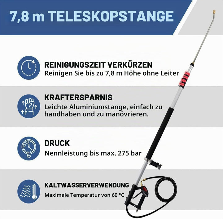 7,78M25,5 ft Teleskop-Verlängerungsstange für Hochdruckreiniger – Bürstenkopf, Dachrinnenstangen, Dü