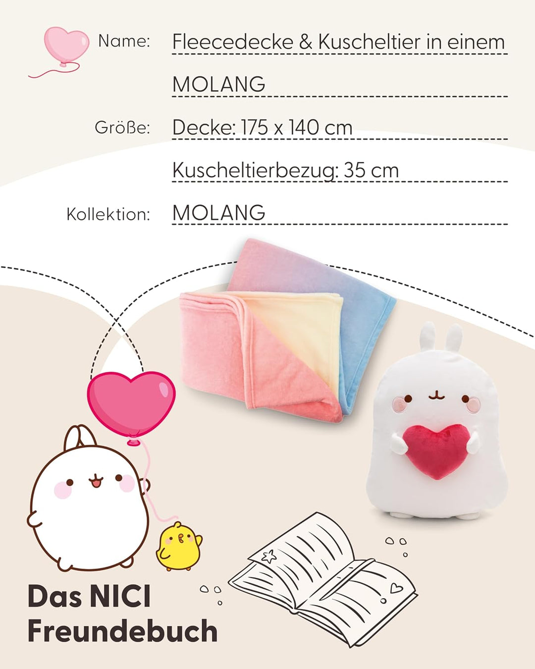 NICI NIC MOLANG Fleecedecke & Kuscheltier 2 in 1, Kuscheldecke Kinder und Erwachsene, weiss - Weiche