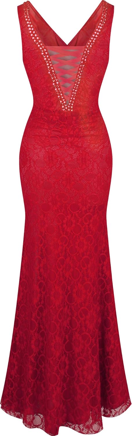 Angel-fashions Damen V-Ausschnitt Spitze Teilt Gekräuselt Bördeln Mantel Hochzeitskleid, Rot