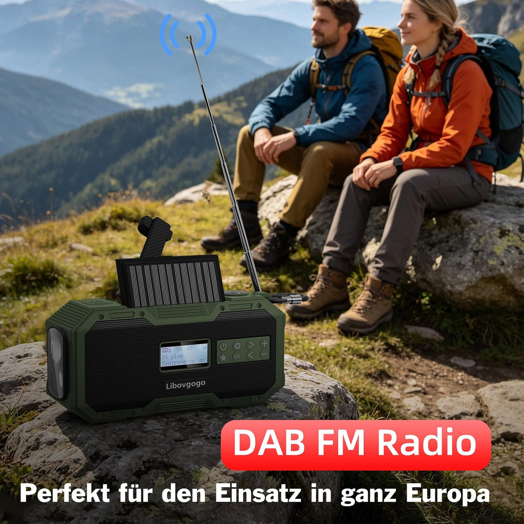 Libovgogo DF-587D Tragbares DAB+ UKW Radio mit wasserdichtem Bluetooth-Lautsprecher, Kurbelradio mit