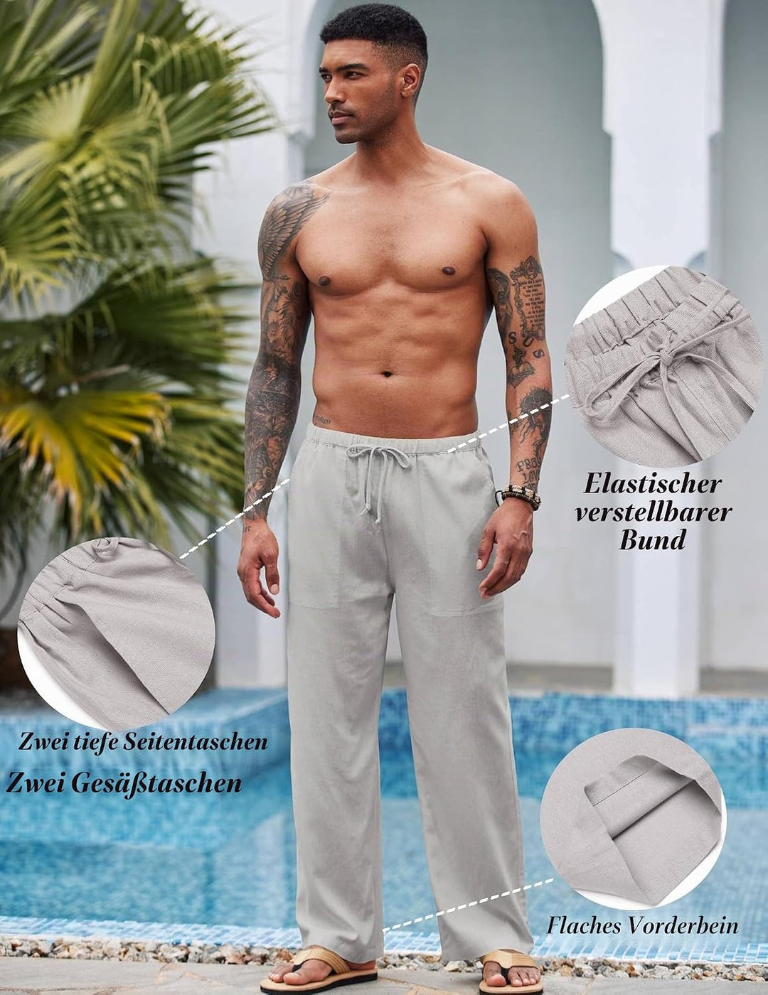 COOFANDY Herren Leinenhose mit Kordelzug Leicht Sommerhose Freizeithose Strandhose mit Tasche Grau M