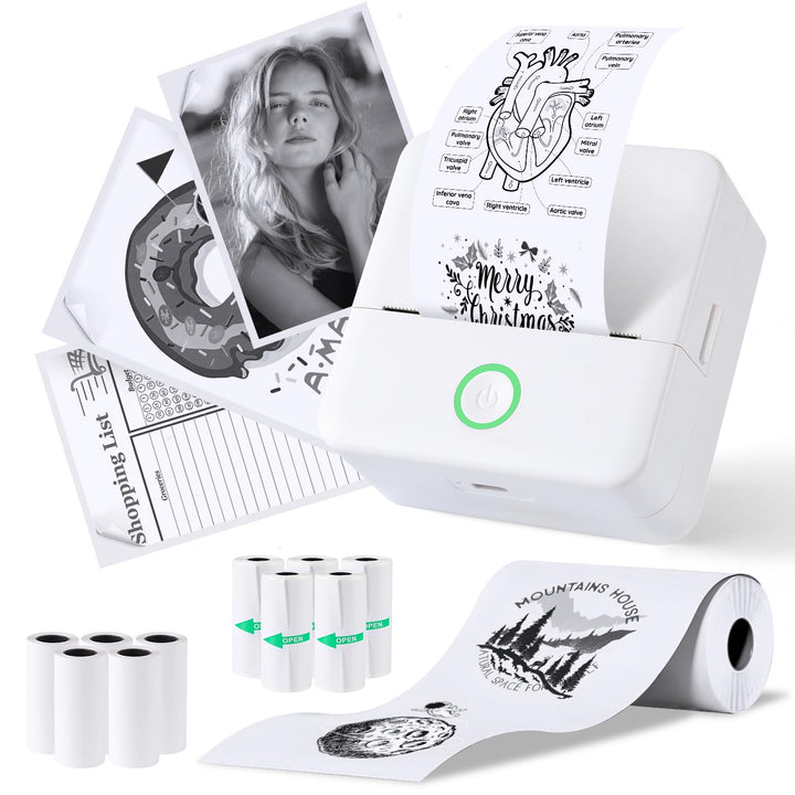 PRAOAHEI Mini Drucker, Tragbarer Fotodrucker mit 10 Rollen Druckerpapier, Bluetooth-Etikettendrucker