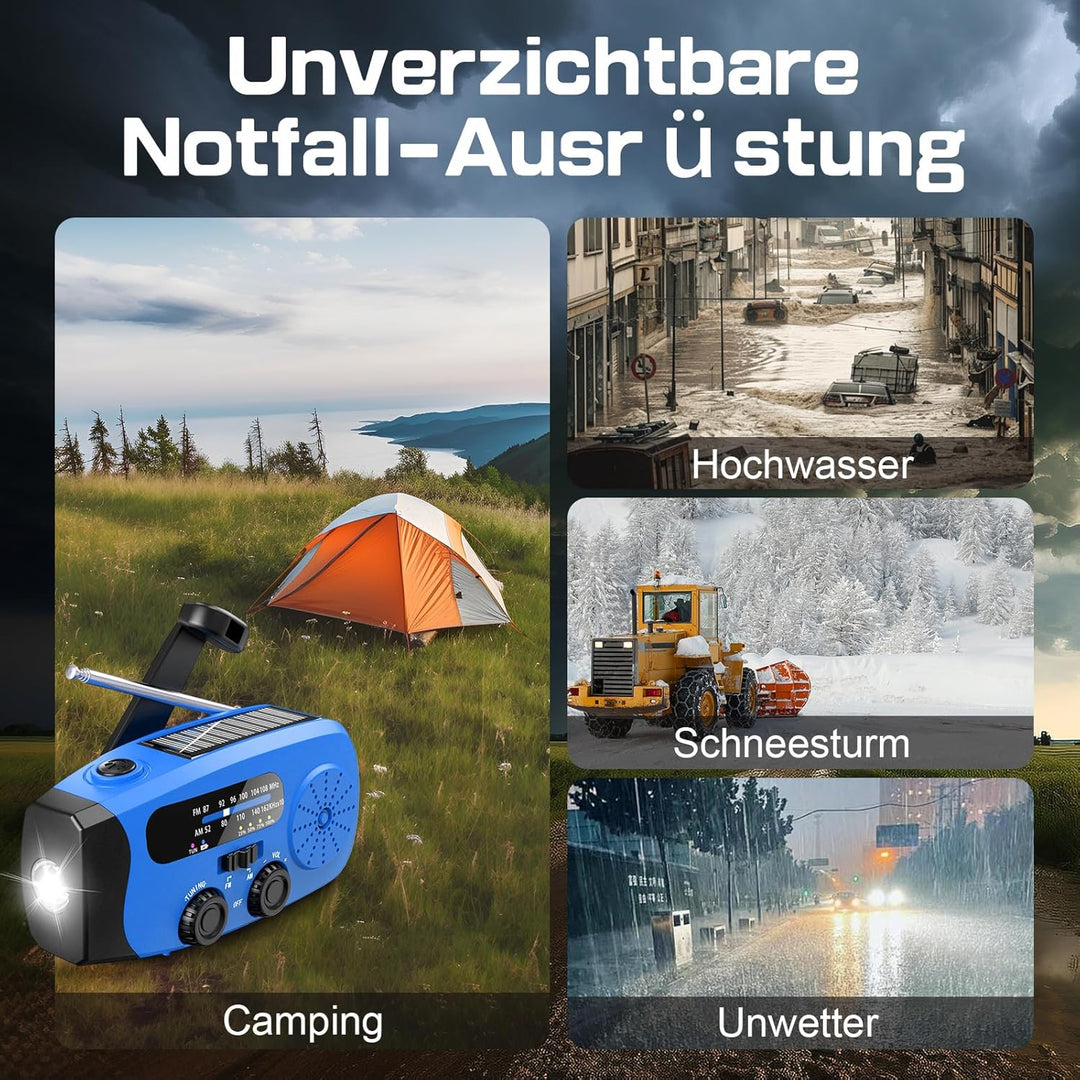 Notfall Kurbel Radio, 2000mAh/7400mWh Akku Kurbelradio Solar Batterie Power Bank USB AM/FM Radio mit