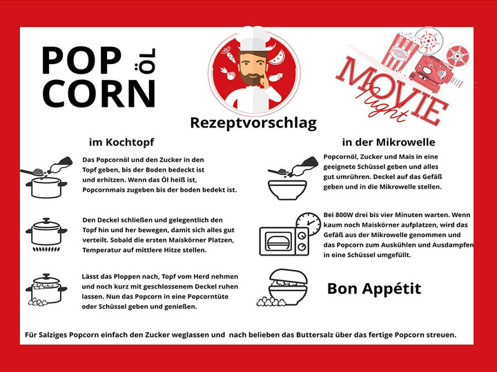 Hopser Food Fun Partyset 500g Popcornmais,250ml Popcornöl mit Butteraroma,150g Popcorn-Zucker Vanill
