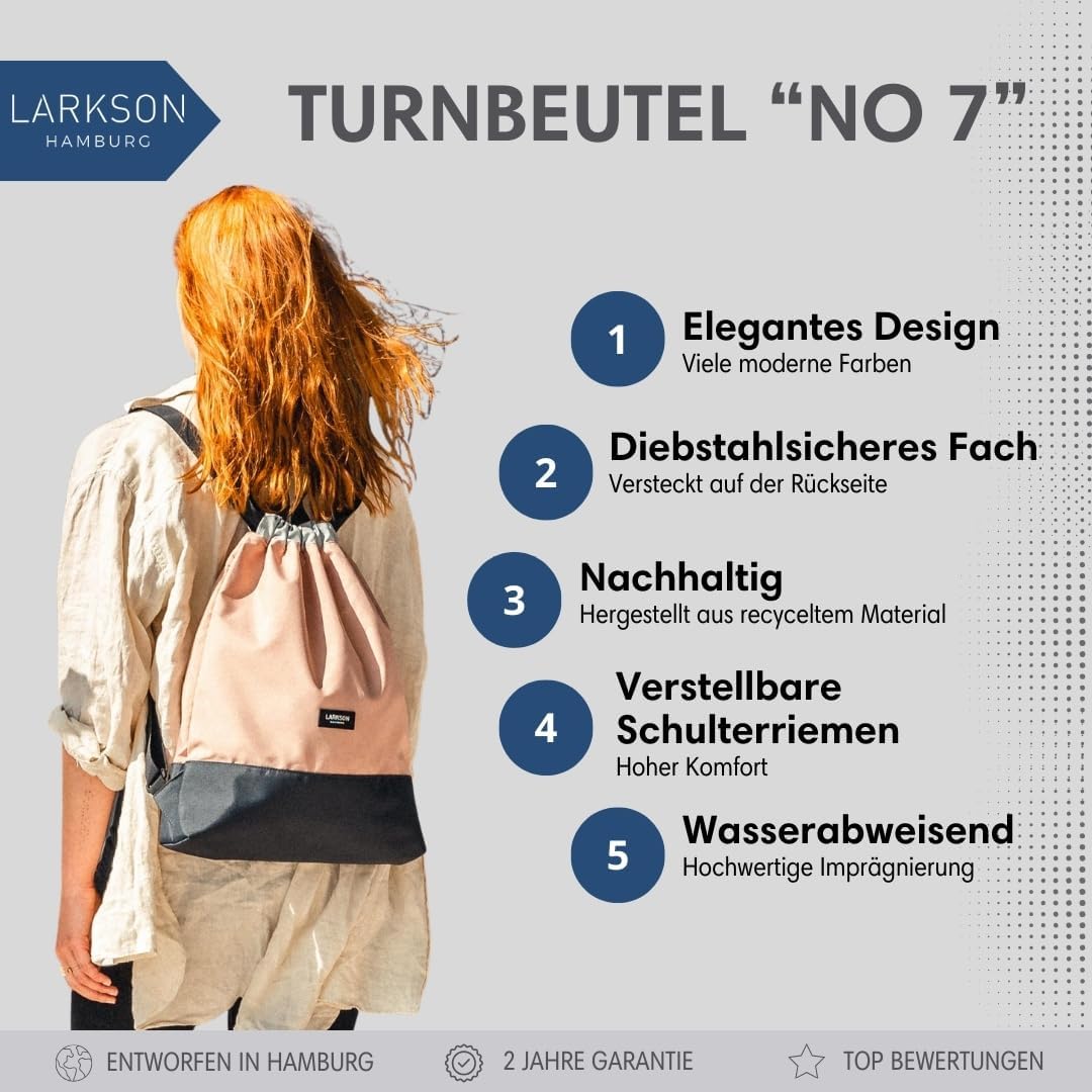 LARKSON Turnbeutel Damen &amp; Herren Rosa Grau - No 7 - Rucksack Damen für Sport und Festival - Beutel