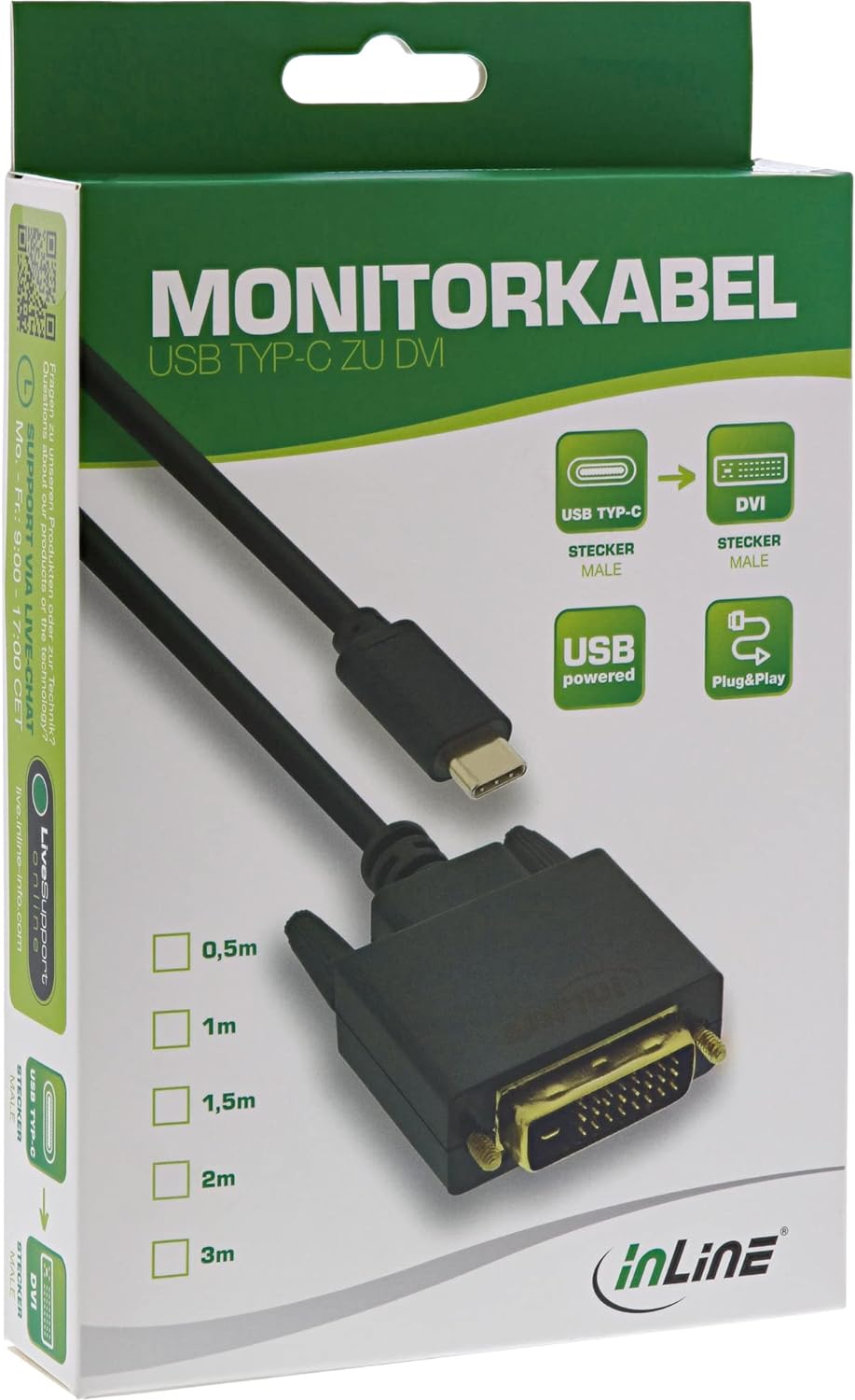 InLine 64132 USB Display Kabel, USB Typ-C Stecker zu DVI Stecker (DP Alt Mode), schwarz, 2m