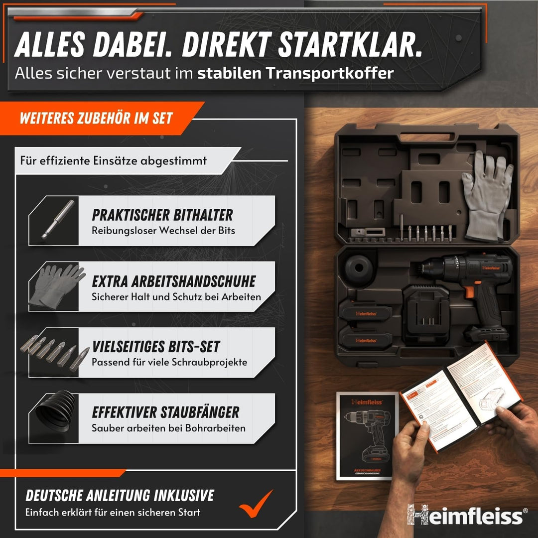 Heimfleiss® Professional 20V Akkuschrauber Set | 3-in-1 Akku Schlagbohrschrauber inkl. 2x 2.0Ah Akku