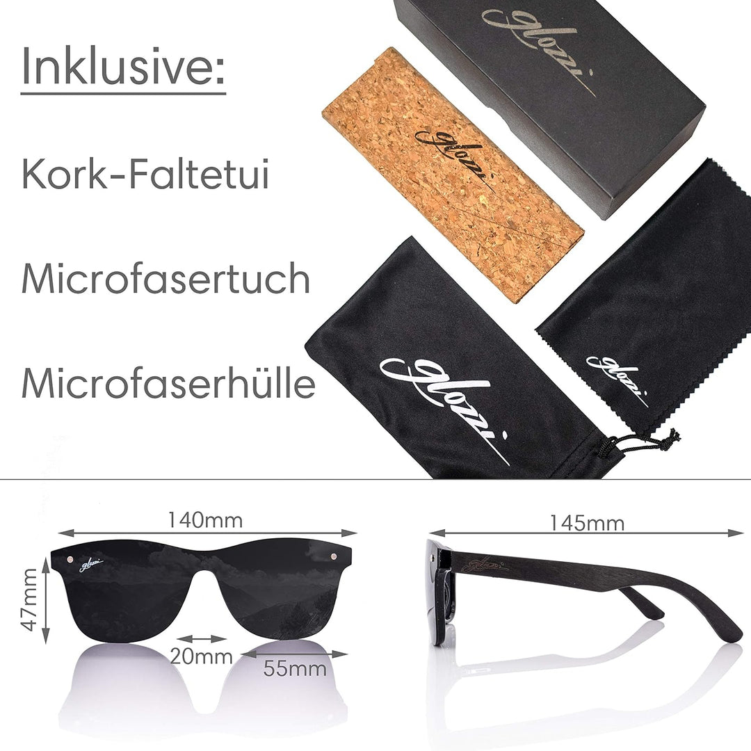 glozzi Sonnenbrille Herren und Damen Holz Polarisiert UV400 mit Holzbügeln und Brillenetui aus Kork