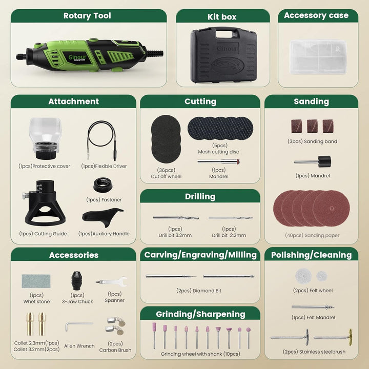 Multifunktionswerkzeug, Ginour 170 W Drehwerkzeug 8.000 bis 35.000rpm, mit 105 Zubehör und 4 Aufsätz