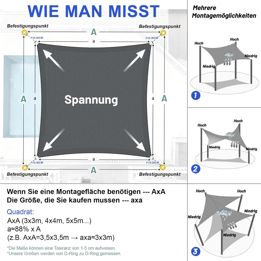LOVE STORY Sonnensegel Wasserdicht 3x3m Quadrat PES Polyester Sonnenschutz Windschutz Balkon Terrass