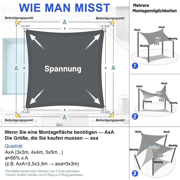 LOVE STORY Sonnensegel Wasserdicht 3x3m Quadrat PES Polyester Sonnenschutz Windschutz Balkon Terrass