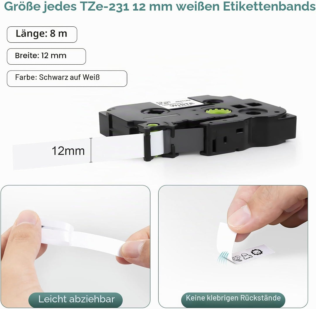 JINTUM 10X TZe-231 Kompatibel mit Brother P-Touch 12mm Schwarz auf | Weiss Laminated Schriftband für