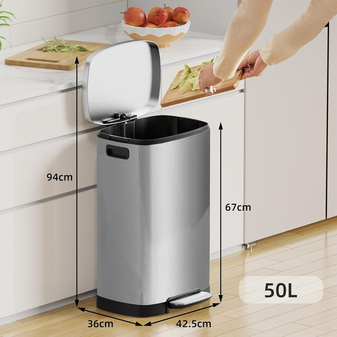 KSSKSS Mülleimer Küche, 50 Liter Edelstahl Abfalleimer, 50L Treteimer mit sanft schliessendem Deckel