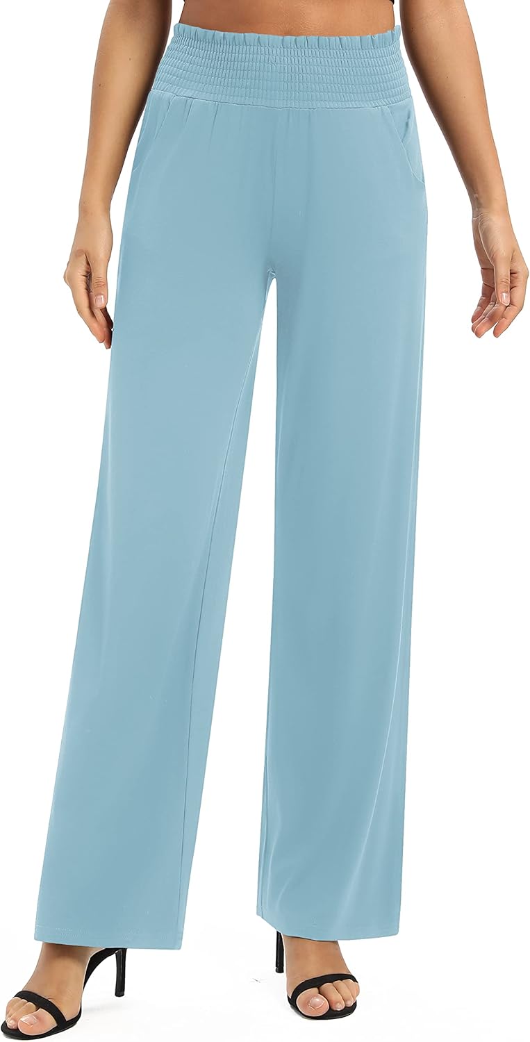 EXCHIC Damen Einfarbig Lose Gerade Geschnitten Palazzo Hose Hohe Taille Dehnbar Lounge Hose mit Tasc