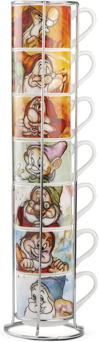 Egan, Porzellan, Set mit 7 Kaffeetassen Sieben Zwerge + Metalrack