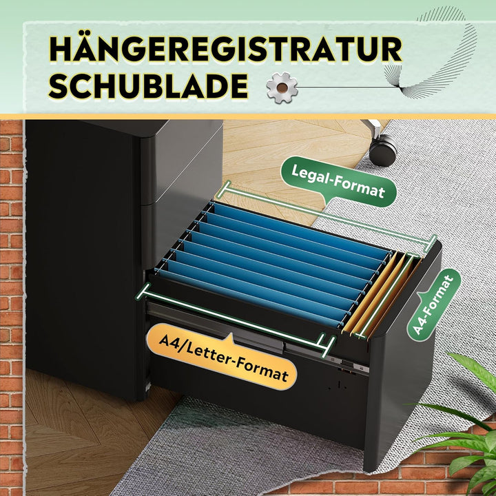 DEVAISE Rollcontainer mit 3 Schubladen, Metall Mobiler Aktenschrank mit Rollen, Druckertisch für DIN